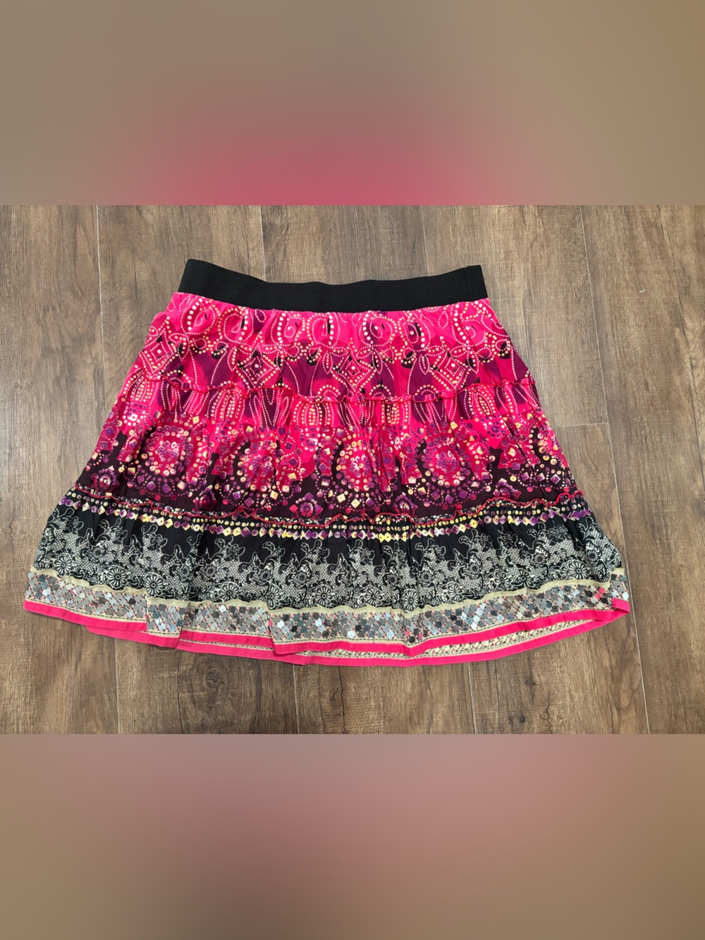 Y2K Roz & Ali 100% Cotton Sequined Multi Colored/ Pattered Pink Skirt Size Xl